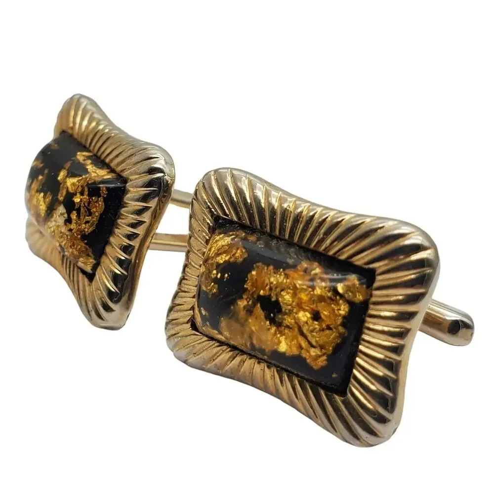 Hickok Cufflinks Monte Carlo Gold Flakes Retro Black MCM Vtg 1970s Classic Mens